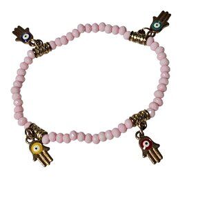 Handmade Hamsa Evil Eye Charm Pink Beaded Bracelet Protection Jewelry Women